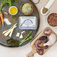 Puppy turkey raw dog food ingredients, pack and bowl