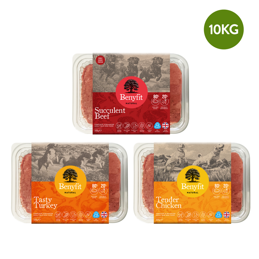 complete variety raw dog food including turkey, chicken and beef benyfit natural