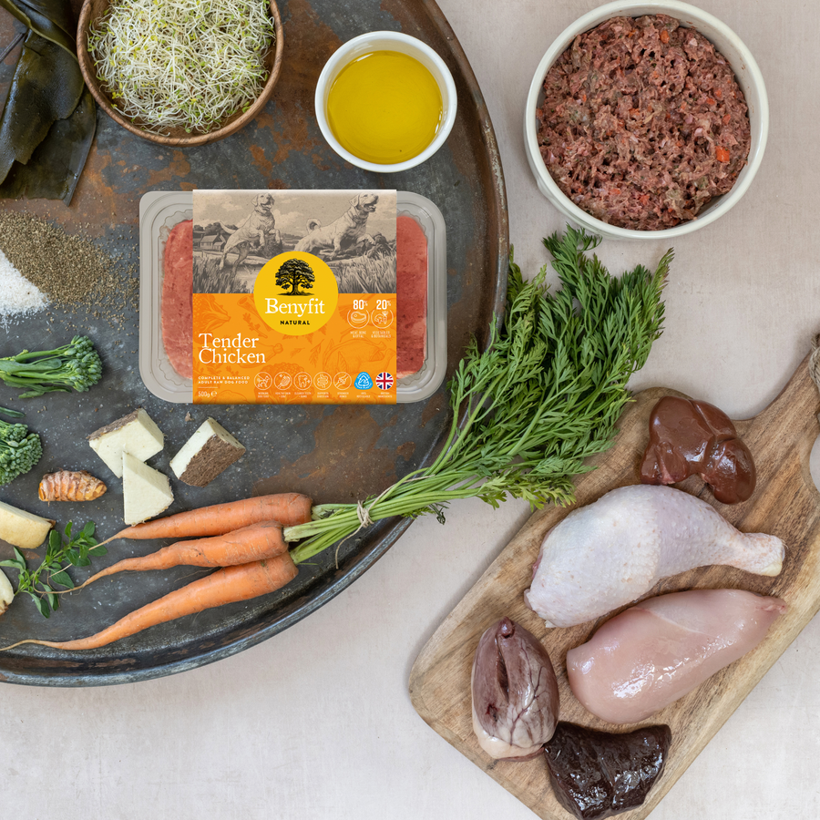 chicken complete and balanced raw dog food with chicken meat, bone and offal with 20% vegetables and botanicals. Grain free premium dog food. 